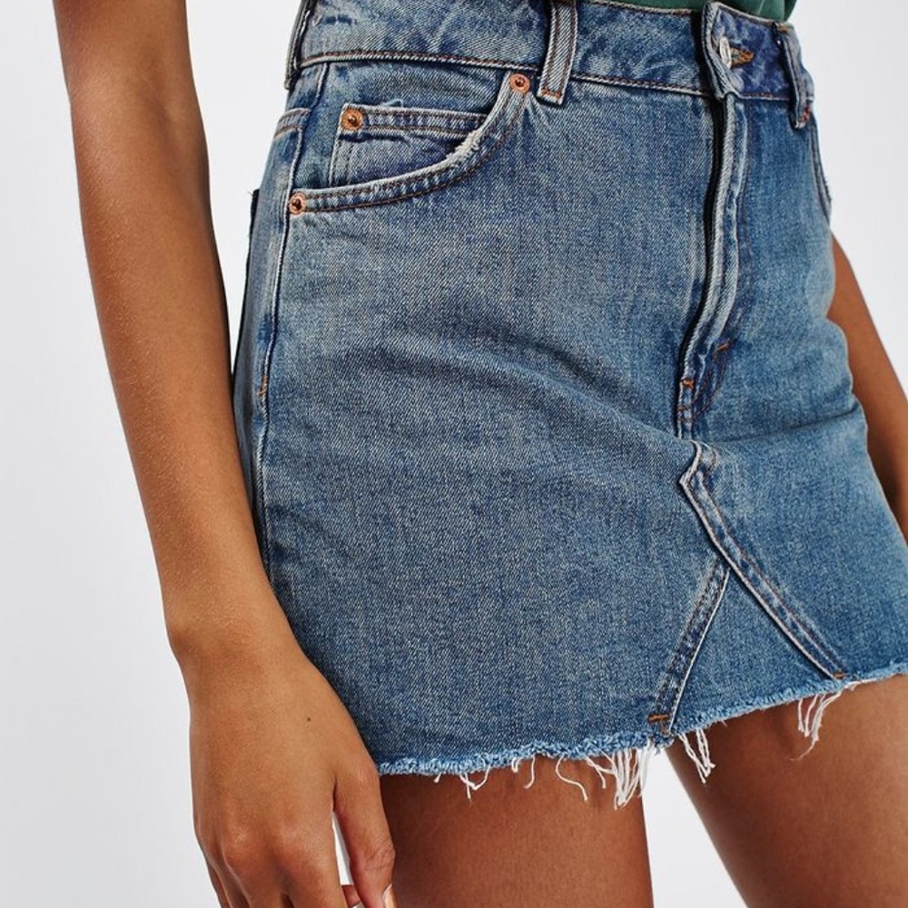 Topshop Moto Denim Pelmet Skirt in Mid Stone